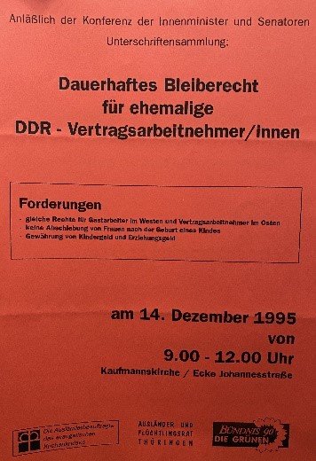 Unterschriftensammlung „Dauerhaftes Bleiberecht für ehemalige DDR-Vertragsarbeitnehmer/innen“, Dezember 1995, Privatsammlung Franziska Rohner