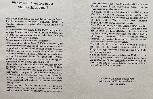 Erklärung von Mitgliedern der Bürgerinitiative Asyl und Christen der Kirchgemeinden Jena zum Kirchenasyl, Privatsammlung