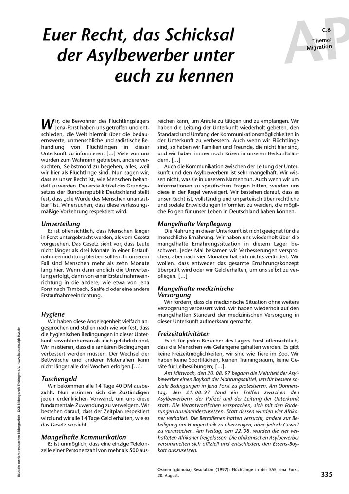 Resolution der Geflüchteten in der Erstaufnahmeeinrichtung Jena Forst, 20. August 1997